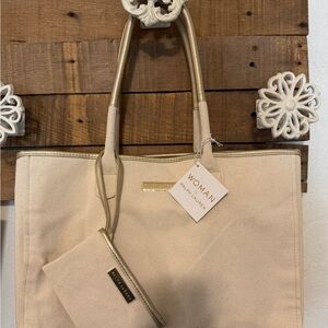 Ralph Lauren Tan Cotton Tote with Matching Pouch Gold Accents Travel Makeup Bag